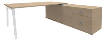 Bureau STEELY Manager - L180 x P100 x H72,5 cm - console retour à droite (2 tiroirs) L200 x P60 x H72,5 cm - pieds blanc - plateau imitation chêne clair