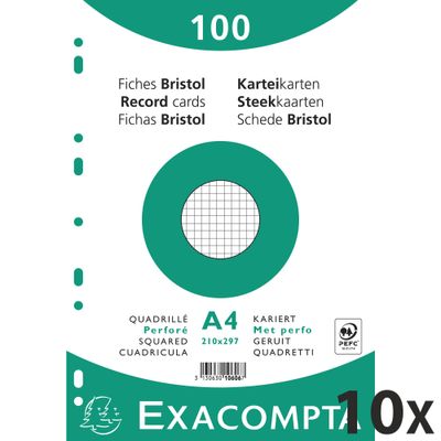 3130631106066-Exacompta - 10 Packs de 100 Fiches Bristol - A4 - petits carreaux - perforées - blanc--0
