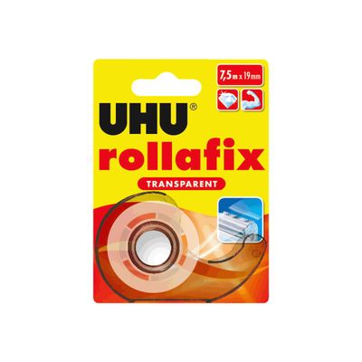 4026700369557-UHU rollafix - Distributeur avec ruban de bureau transparent 19 mm x 7,5 m-Avant-0
