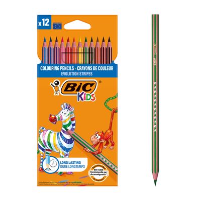 3086123499102-BIC KiDS Evolution Stripes - 12 Crayons de couleur - couleurs assorties - 3.2 mm--0