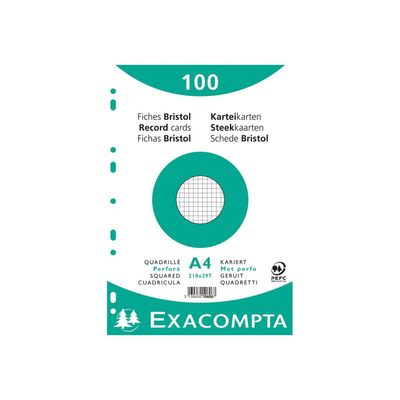 3130631106066-Exacompta - 10 Packs de 100 Fiches Bristol - A4 - petits carreaux - perforées - blanc-Avant-1