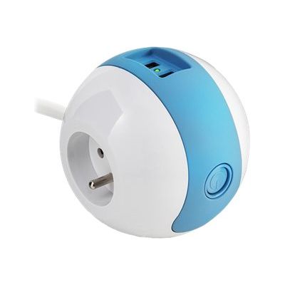 3760110683636-WATT & CO WATTBALL - Multiprise 3 prises - 2 prises 16A + 1 prise 6A + 2 USB - blanc/bleu-Angle droit-2