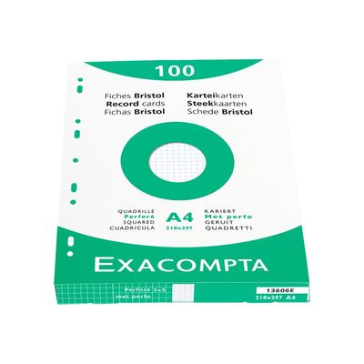 3130630136064-Exacompta - Pack de 100 Fiches Bristol - A4 - petits carreaux - perforées - blanc-Avant-1