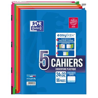 3020120156460-Oxford Easybook - Lot de 5 cahiers polypro 24 x 32 cm - 96 pages - grands carreaux (Seyes) - couleurs a--0