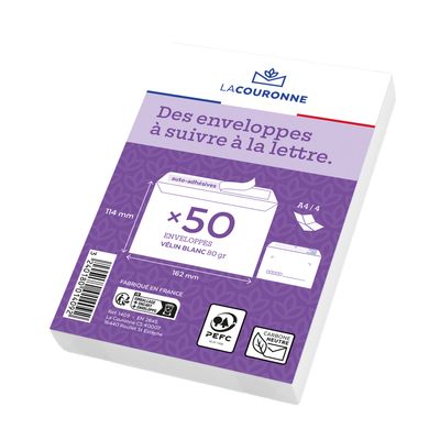 3240180014092-La Couronne - 50 Enveloppes précasées C6 114 x 162 mm - 80 gr - sans fenêtre - blanc -  bande auto-a--0