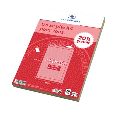 3240184800905-La Couronne - 60 Pochettes (dont 20% gratuit) - C4 229 x 324 mm - 90 gr - sans fenêtre - brun - bande --0