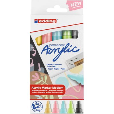 4057305030900-Edding 5100 - Pack de 5 marqueurs acryliques - jaune pastel, vert pastel, bleu pastel, anthracite, mauv--0