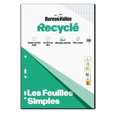 3663619096900-Bureau Vallée Recyclé - feuilles simples A4 - 300 pages - grands carreaux (Seyes) - perforées--0