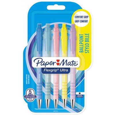 3026981622779-Paper Mate FlexGrip ultra - Pack de 5 stylos à bille (encre bleue) - couleurs pastels assorties - 1 mm--0