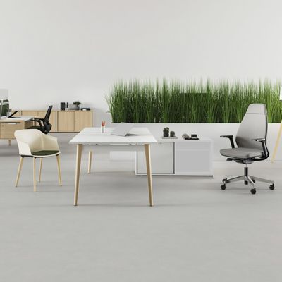 3617350004076-Bureau manager ROBIN - L200 x P100 cm - avec console retour à gauche L120 x P43,2 cm - plateau blanc - pieds--1