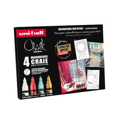 3296280048918-UNI CHALK - Pack de 4 marqueurs craie - pointe moyenne conique - coloris assortis (blanc, rouge, vert, --0