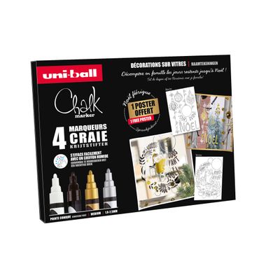 3296280048925-UNI CHALK - Pack de 4 marqueurs craie - pointe moyenne conique - coloris assortis (blanc, noir, doré, --0