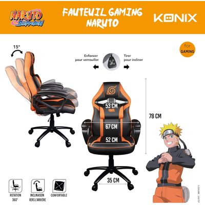 3328170286817-Fauteuil gamer NARUTO - accoudoirs fixes - appui-tête intégré - noir et orange--4