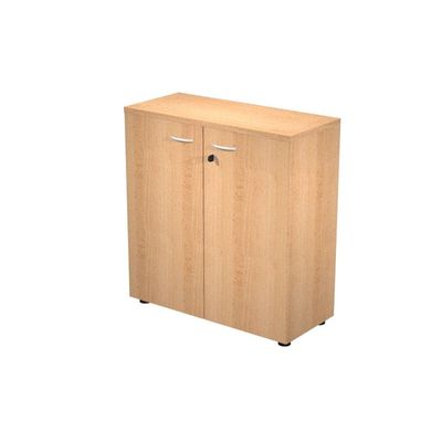7331920002120-Bibliothèque basse Trend - L80xP35xH72 cm - 2 portes en mélaminé avec serrure - imitation hêtre--0