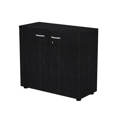 7331920002137-Bibliothèque basse Trend - L80xP35xH72 cm - 2 portes en mélaminé avec serrure - imitation frêne noi--0