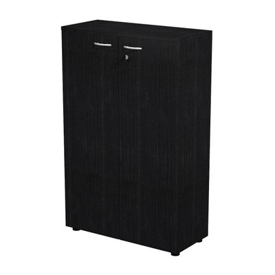 7331920002205-Bibliothèque mi-haute Trend - L80xP35xH120 cm - 2 portes en mélaminé avec serrure - imitation frêne--0