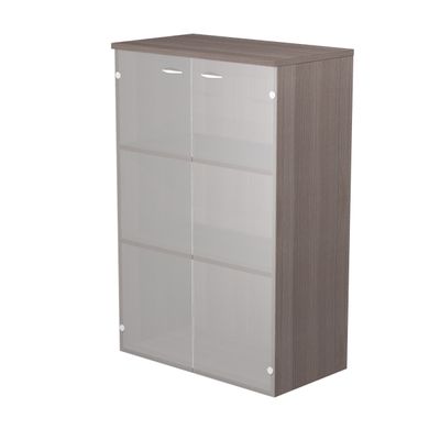 7331920002441-Bibliothèque mi-haute Trend - L80xP35xH120 cm - 2 portes en verre dépoli - imitation frêne Toscan--0