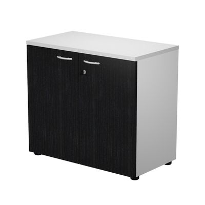 7331920002557-Bibliothèque basse Trend - L80xP44xH72 cm - 2 portes en mélaminé imitation frêne noir avec serrure --0