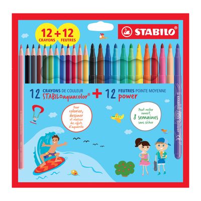 4006381608428-Stabilo - Etui carton mixte coloriage STABILO  X 24 - 12 feutres Power pointe moyenne  + 12 crayons de couleur--0