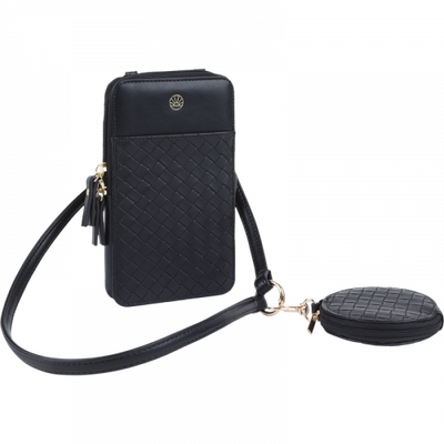 3664447203928-Oberthur Lisbonne - Sac Téléphone Noir – Petit Sac Bandoulière Élégant Mix-Matière, Porte-Monnaie Amovible, Range--0