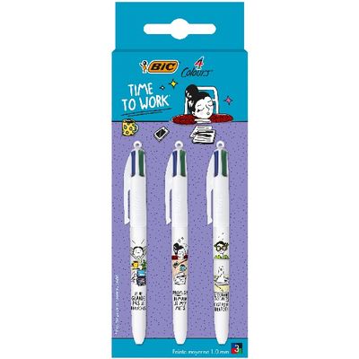 3086123686694-BIC 4 Couleurs Messages - 3 Stylos à bille 4 couleurs - 1 mm - Décors assortis Collection Exams--0