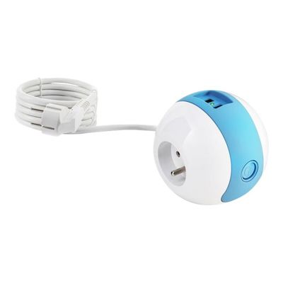3760110683636-WATT & CO WATTBALL - Multiprise 3 prises - 2 prises 16A + 1 prise 6A + 2 USB - blanc/bleu-Angle gauche-1