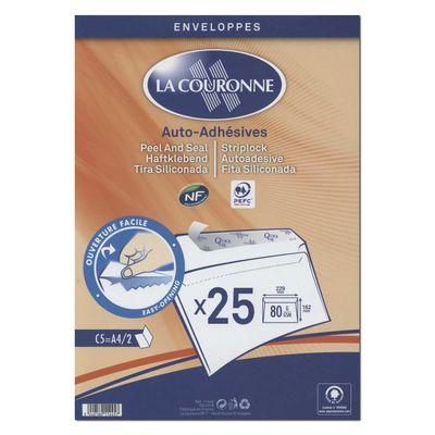 3240180114457-La Couronne - 25 Pochettes Enveloppes C5 162 x 229 mm - 90 gr - blanc - sans fenêtre - bande auto-adh