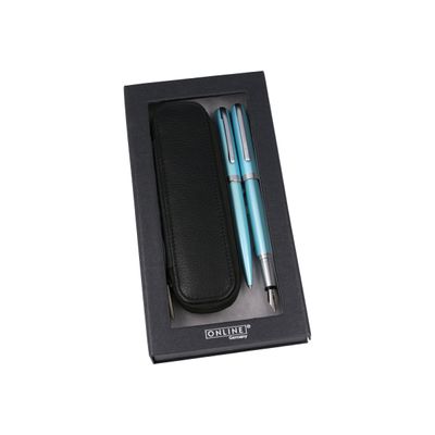 4014421346469-Online Eleganza - Parure stylo à bille/stylo plume - turquoise satin-Angle gauche-2