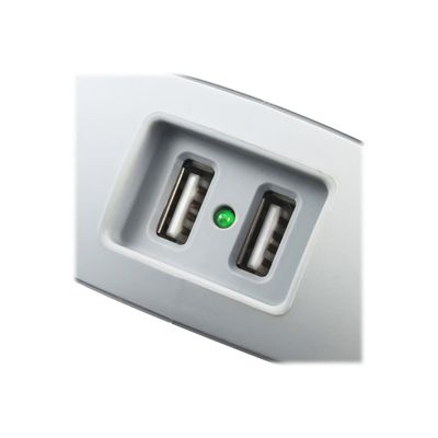 3760110683636-WATT & CO WATTBALL - Multiprise 3 prises - 2 prises 16A + 1 prise 6A + 2 USB - blanc/bleu-Gros plan-3