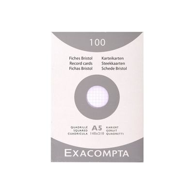 3020122360223-Exacompta - Pack de 100 Fiches Bristol - A5 - petits carreaux - non perforées - blanc-Avant-0