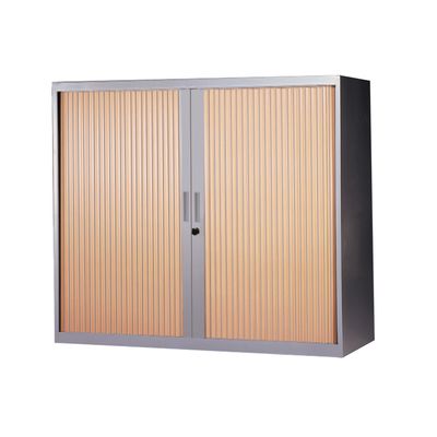 3700339871476-Armoire basse à rideaux - L120  x H105 x P43 cm - 2 tablettes - corps silver / porte hêtre--0