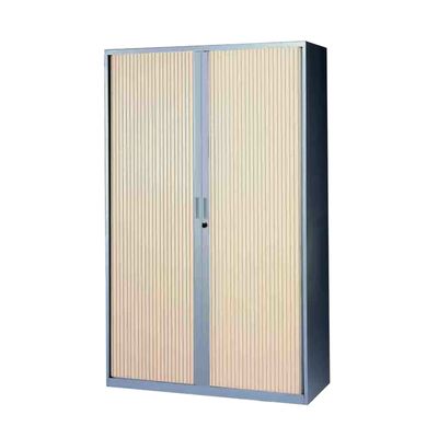 3700339871575-Armoire haute à rideaux - L120  x H198 x P43 cm - 4 tablettes - corps silver / porte chêne clair--0