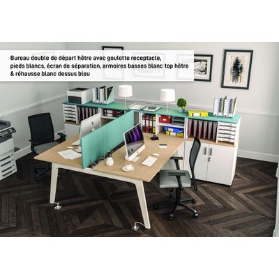 3253310162839-Bureau double STEELY - L180 cm - Double face Depart - Pieds blanc - plateau imitation Hêtre--1