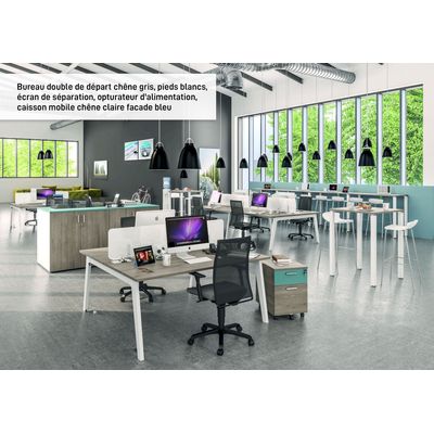 3253310162839-Bureau double STEELY - L180 cm - Double face Depart - Pieds blanc - plateau imitation Hêtre--4