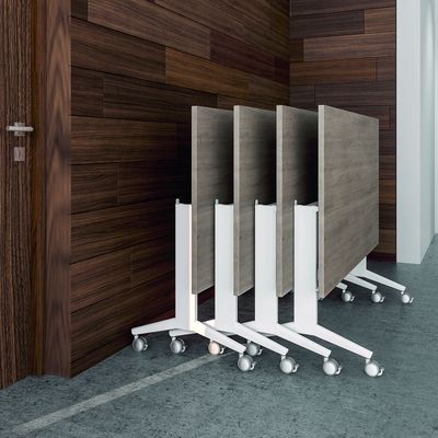 3253310160477-Table de réunion abattantes angle à gauche - L200 x P80 cm - pied blanc - plateau imitation hêtre--3