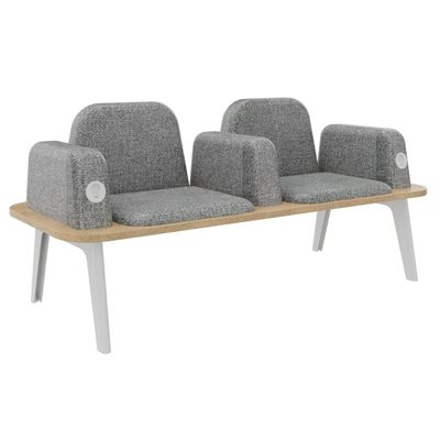3253310179387-Banquette ILO - 2 places L172xP67cm -  blanc - structure chêne clair - tissu gris chiné--0