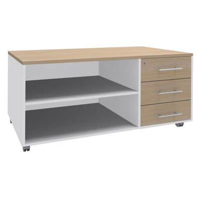 3253310154025-Console mobile LEVEL/STEELY/WOODY - L120 x H63 x P60 cm - 3 tiroirs - coté blanc - finition tiroirs et dessus imita--0