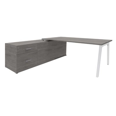 3253310163416-Bureau STEELY Manager - L180 x P100 x H72,5 cm - console retour à gauche (2 tiroirs) L200 x P60 x H72,5 cm - pieds blanc - plateau imit--0
