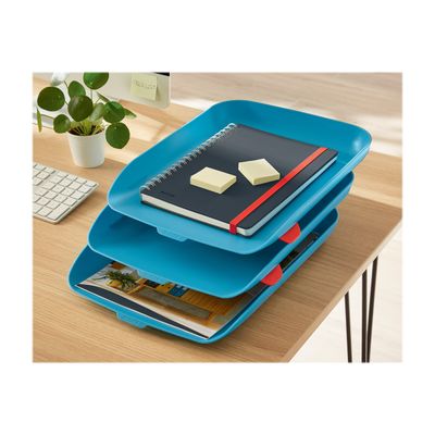 4002432126262-Leitz Cosy - 3 Corbeilles à courrier plastique - bleu-Angle droit-1