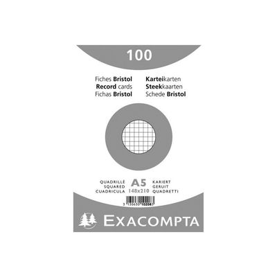 3130631102082-Exacompta - 10 Packs de 100 Fiches Bristol - A5 - petits carreaux - non perforées - blanc-Avant-1