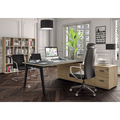 3253310163379-Bureau STEELY Manager - L180 x P100 x H72,5 cm - console retour à droite (2 tiroirs) L200 x P60 x H72,5 cm - pieds blanc - plateau imit--1