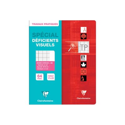 3329680372762-Clairefontaine Metric - Cahier de travaux pratiques (TP) pour déficients visuels - 17 x 22 cm - 64 pages - Grands carreaux noirs agrandis - Disponible -Avant-3