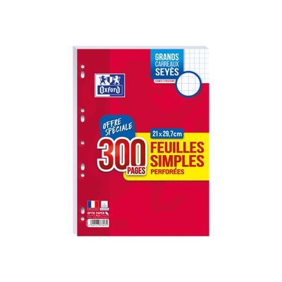 3020127878235-Oxford - feuilles simples A4 - 300 pages sous film - grands carreaux (Seyes) - perforées-Avant-0
