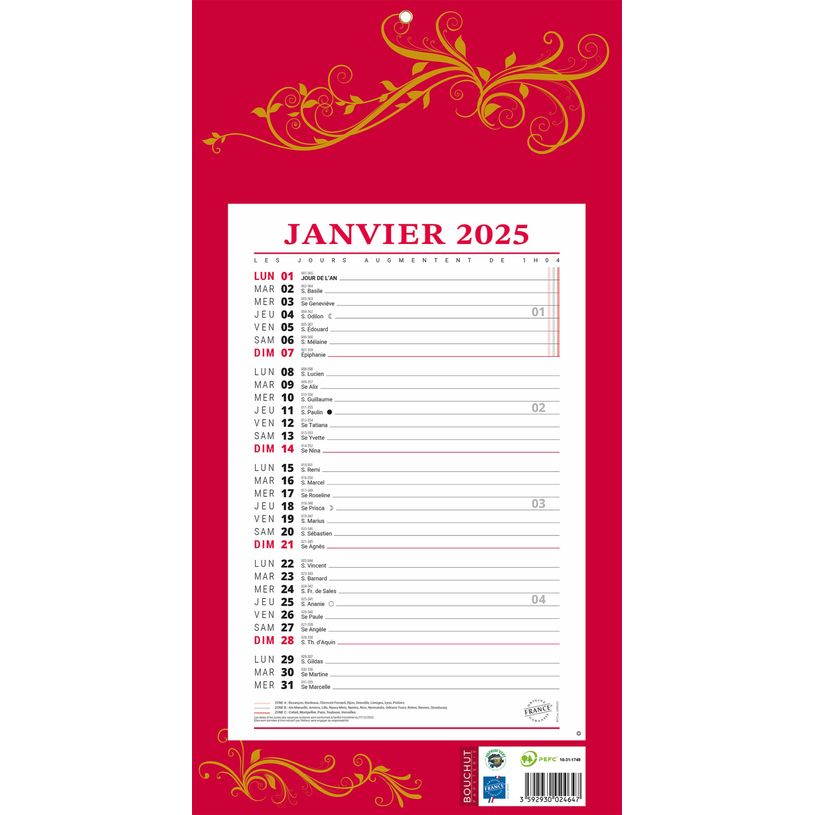3592930026931-Calendrier bloc mensuel à feuillets année civile BOUCHUT "409 Rouge" 19 x 36 cm 70 %-P_2261_1-0