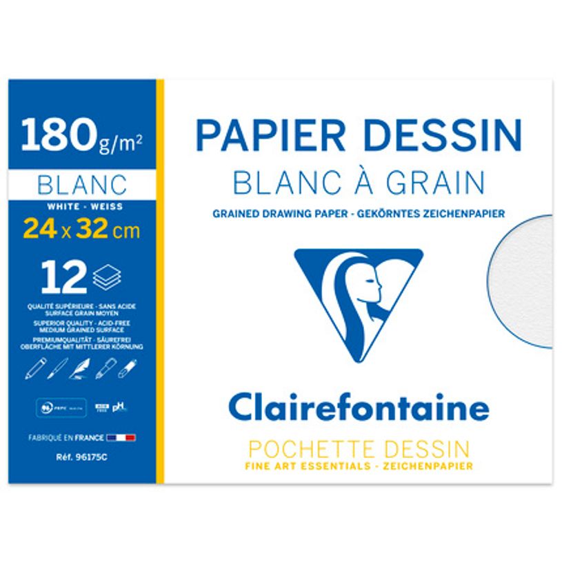 3329680961751-Clairefontaine - Pochette papier à dessin - 12 feuilles - 24 x 32 cm - 180 gr - blanc-P_6175_1-0