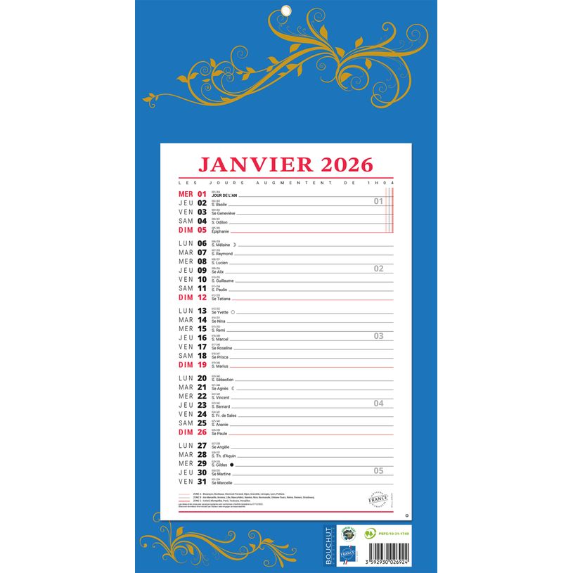 3592930026924-Calendrier bloc mensuel à feuillets année civile BOUCHUT "409 Bleu" 19 x 36 cm Pefc 70 %--0