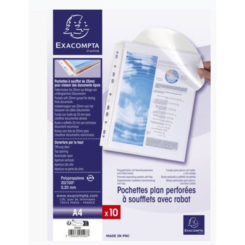 3130630055037-Exacompta - 10 Pochettes perforées à soufflet avec rabat - A4 - 20/100-P_400011664_2-1