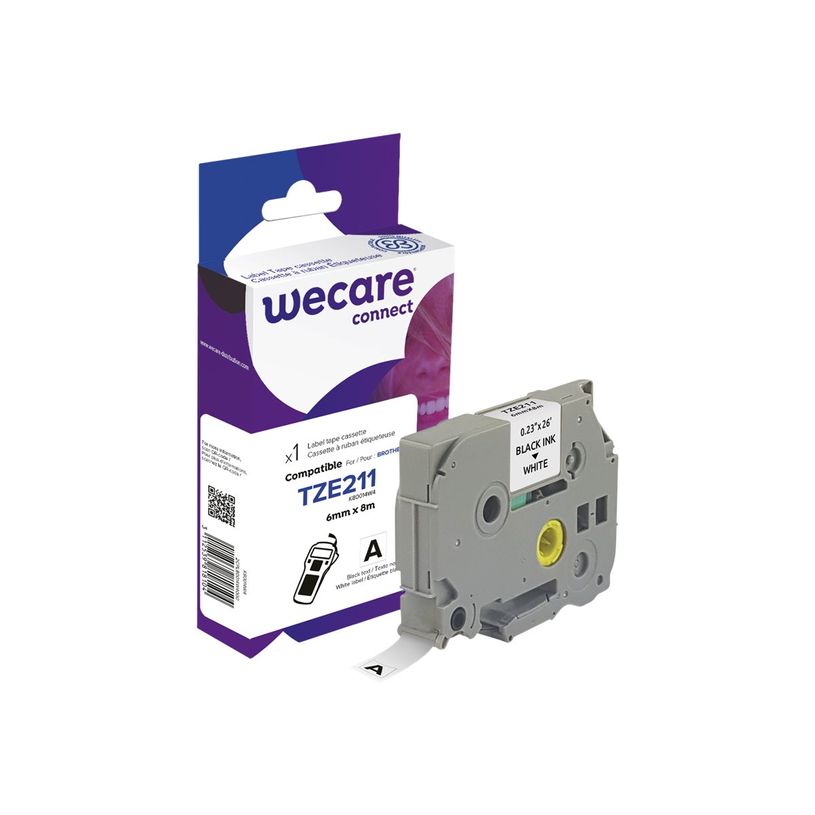 3112539818104-Wecare ruban d'étiquette compatible Brother TZE211 - 1 rouleau (0,6 cm x 8 m) - fond blan-P_400014011_1-0