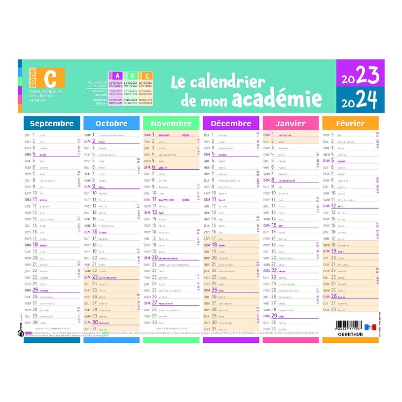 3664447149653-Calendrier Mon Academie - 6 mois par face - Zone C - 33,5 x 43 cm - Oberthur-P_405132147_1-0
