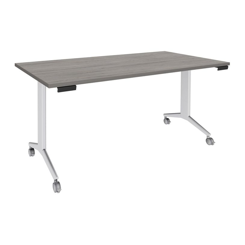 3253310160378-Table de réunion abattantes - L160 x P80 cm - pied blanc - plateau imitation chêne gris-P_405133440_2-0